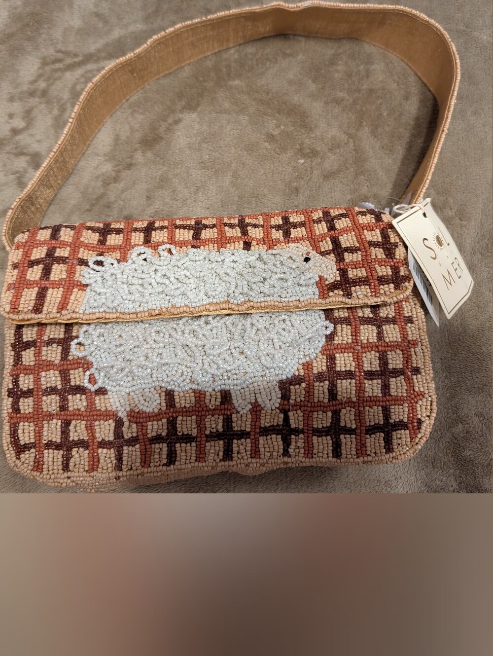 SoL Mer Beige & Brown Beaded Crossbody with White Sheep Motif